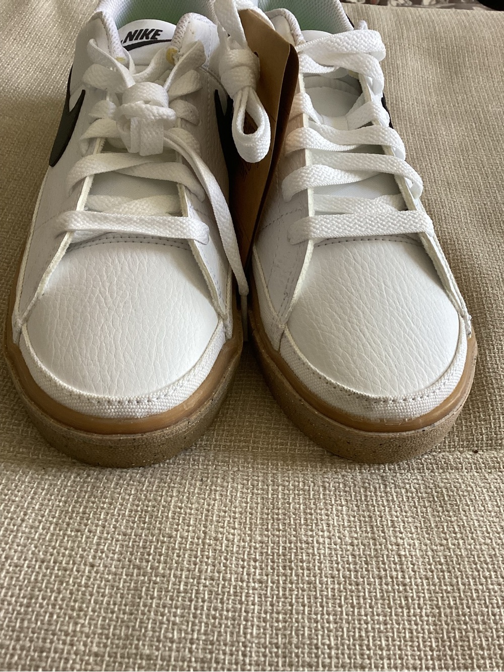 Nike Women's White Sneakers with Black Swoosh and Gum Sole - Picture 6 of 7